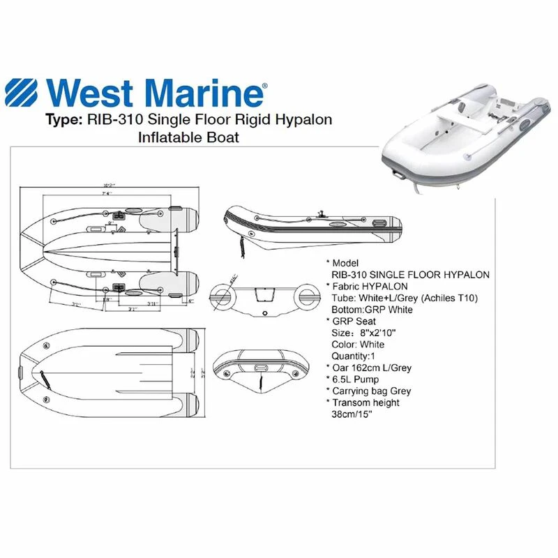 WEST MARINE Inflatable Boats RIB-310 Single Floor Rigid Hypalon Inflatable Boat 2 WEST MARINE Inflatable Boats RIB-310 Single Floor Rigid Hypalon Inflatable Boat - Image 2