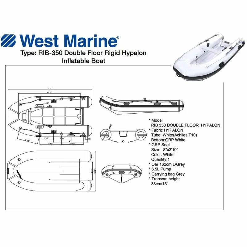 WEST MARINE Inflatable Boats RIB-350 Double Floor Rigid Hypalon Inflatable Boat 2 WEST MARINE Inflatable Boats RIB-350 Double Floor Rigid Hypalon Inflatable Boat - Image 2
